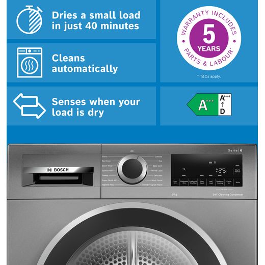 Bosch Series 6 WQG245R2GB 9Kg Heat Pump Tumble Dryer - Graphite  - Annotation - feature shot